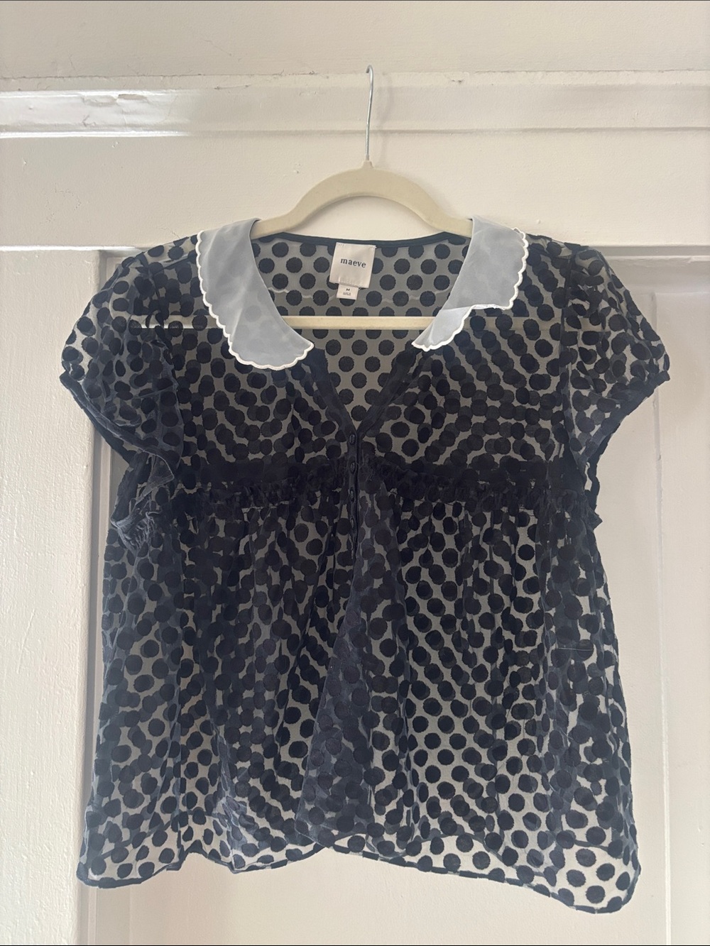 Maeve Black Sheer Polka Dot Blouse with White Scalloped Collar